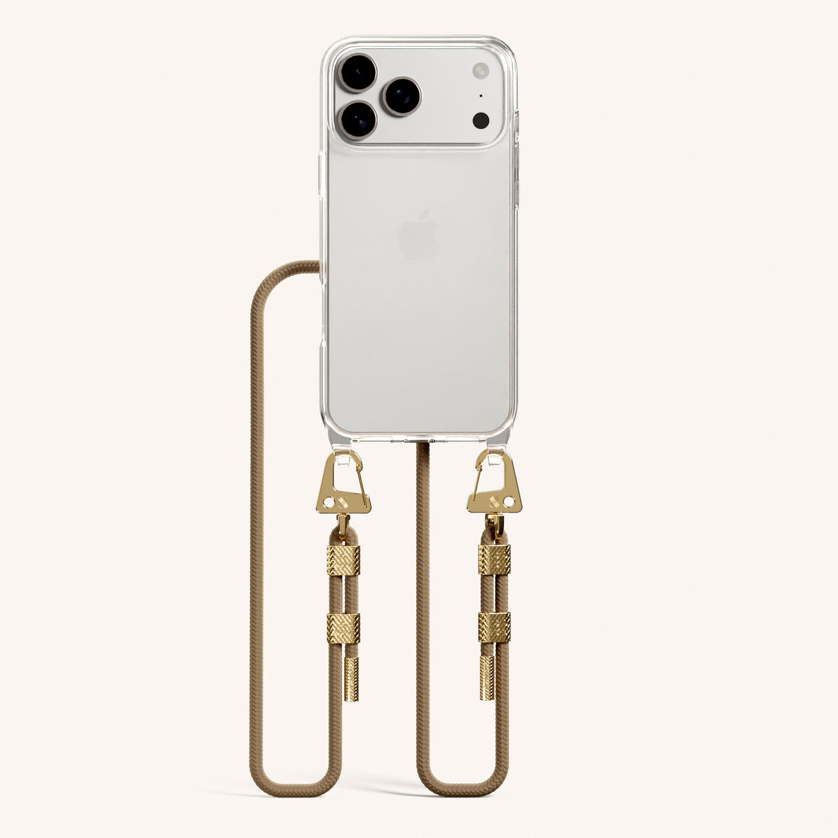 Phone Necklace with Carabiner Rope for iPhone 17 Pro without MagSafe in Clear and Taupe Total View | XOUXOU #phone model_iphone 17 pro