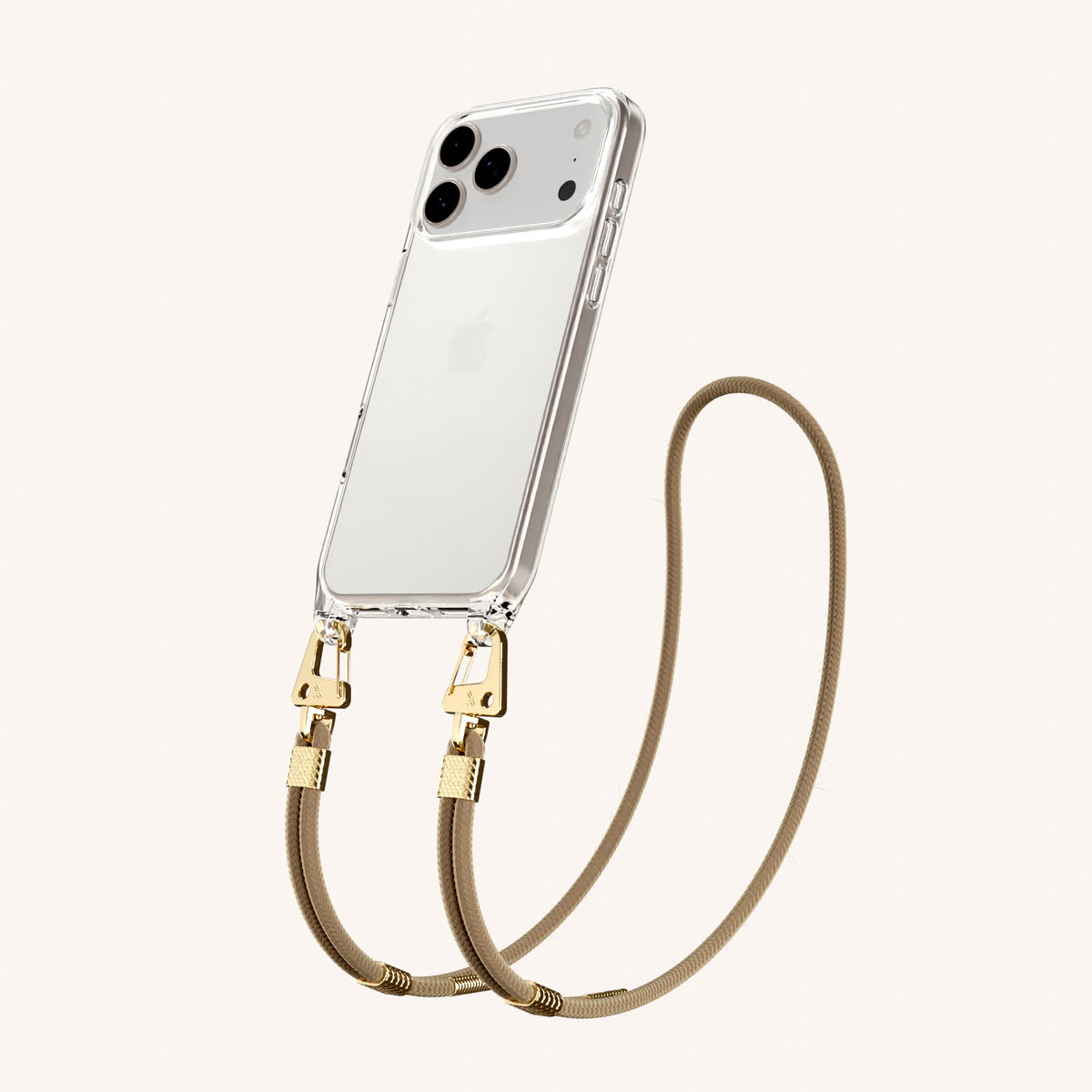 Phone Necklace with Carabiner Rope for iPhone 17 Pro without MagSafe in Clear and Taupe Total View | XOUXOU #phone model_iphone 17 pro